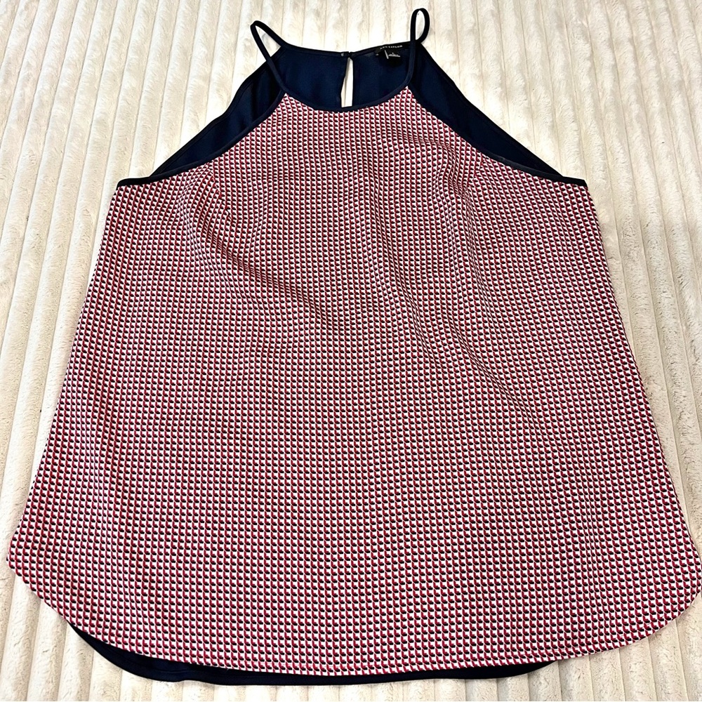 Ann Taylor Navy & Red Sleeveless Blouse Keyhole Back Popover Womens Size Large